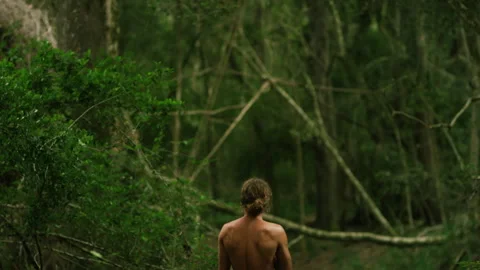 Man standing in a clearing in the woods Stock Footage 279852349