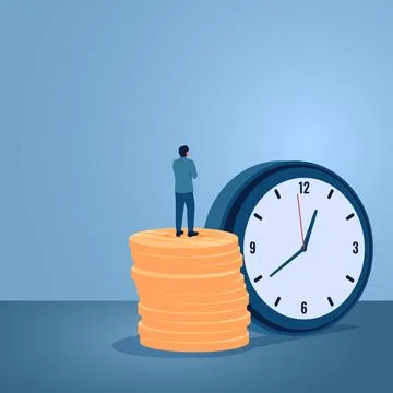 A man standing on coins looking at a large clock, an illustration of buying.. Stock Illustration