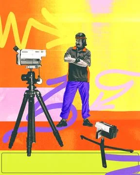 Man standing confidently next to classic camcorder, surrounded by bold and イラスト素材