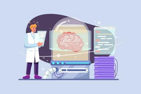 A man standing at the control panel and programming brains in glass pods conn Illustrazione stock