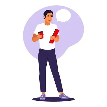 Man standing with cup coffee and folder. Office worker or remote job concept. Stock Illustration