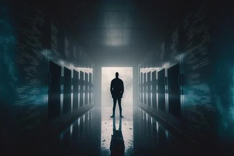A Man Standing In A Dark Hallway Between Servers In A Data Center Or Server Room Stock Illustration
