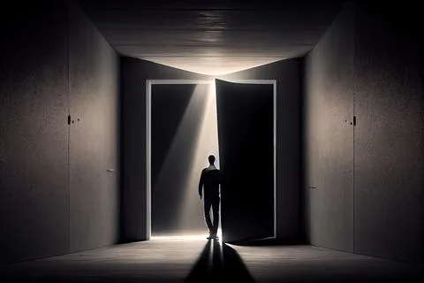 A man standing in a dark room with a light coming through the door and a li.. Ilustración de archivo