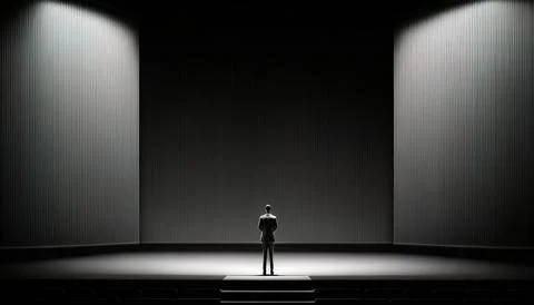 A man standing in a dark room with three spotlights on the wall and a stage.. Ilustración de archivo