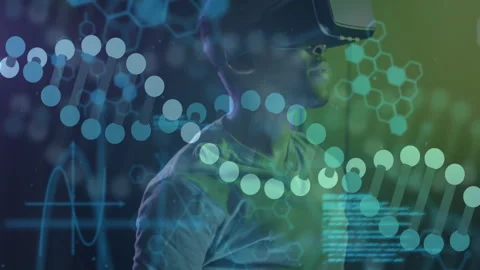 Man standing in dark tech space, code and DNA helix settling, reaching to place Stock Footage 310428134