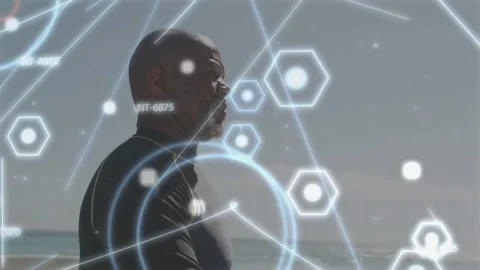Man standing deck inhaling turning front and smiling as tech HUD annotating suit 库存影片 334039038