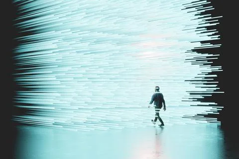Man standing before a digital data stream wall Stock Illustration