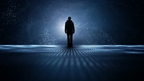 Man standing in digital loop metaverse cyberspace network 스톡 동영상 229849401