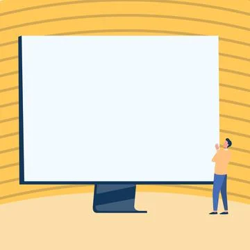 Man Standing Drawing Looking At Large Monitor raising hand Display Presenting Stock Illustration
