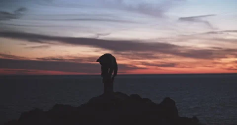 Man standing at the edge of a cliff spreading his arm at dusk Stock Footage 203590142