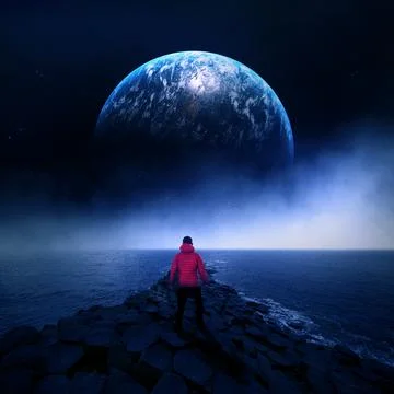 A man standing at the edge of the world looking at a new planet Stock Photos