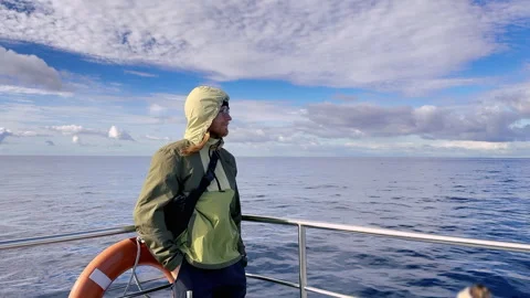 Man Standing on Ferry Deck with Endless Ocean, Azores Portugal Stock Footage 316555177