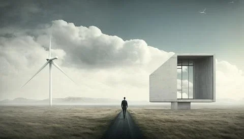 A man standing in a field next to a wind turbine and a building with a glas.. Ilustración de archivo