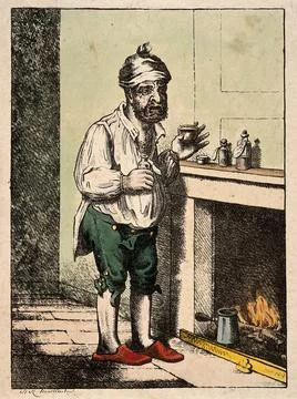 A man standing by a fire place, pulling a peculiar face after taking some m.. Stock Illustration