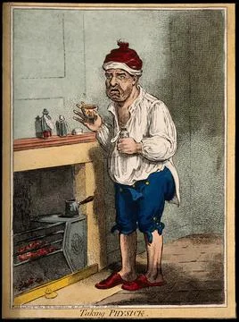 A man standing by a fire place, pulling a peculiar face after taking some m.. Stock Illustration