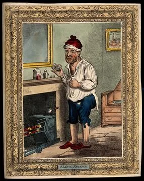A man standing by a fireplace, pulling a peculiar face after taking some me.. Stock Illustration