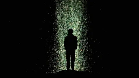 The man standing on a flying cosmic particles background Stock Footage 165352782