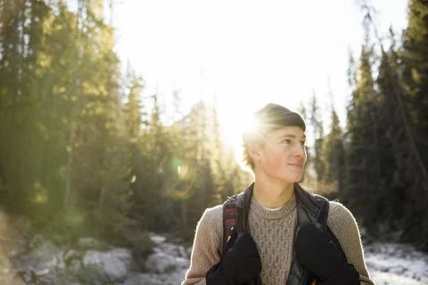 Man standing in forest gully Stock Photos