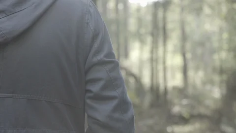 Man standing in forest sunlight in jacket winter UNGRADED LOG 4K Stock Footage 101764047