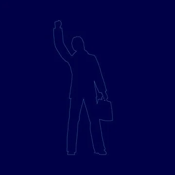 Man is standing in front of a blue background with a briefcase in his hand. He Stock Illustration