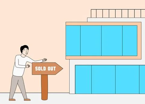 Man is standing in front of a building with a sign in front off him Stock Illustration