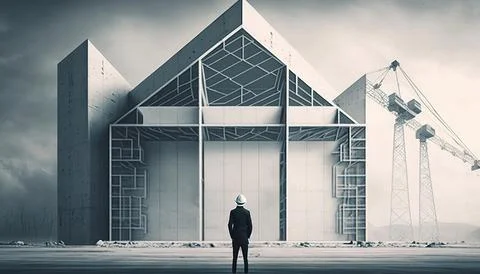 A man standing in front of a building under construction with cranes in the.. Ilustración de archivo