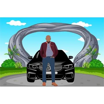 A MAN STANDING IN FRONT OF CAR Illustrazione stock