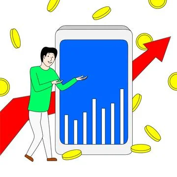 A man is standing in front of a cell phone that has a graph on it. The grap.. Stock Illustration