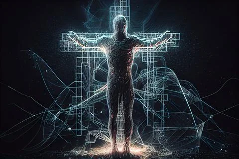 A man standing in front of a cross with lines all over it and a black backg.. 스톡 일러스트