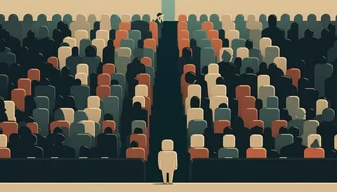 A man standing in front of a crowd of people in a movie theater with a man .. Ilustración de archivo