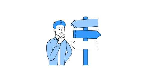Man standing in front of a directional signpost with many arrows. Web colors. 库存影片 329990379