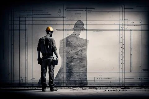 A man standing in front of a drawing of a man in a suit and helmet blueprin.. Stock Illustration