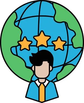 A man is standing in front of a globe with three stars on it Stock Illustration