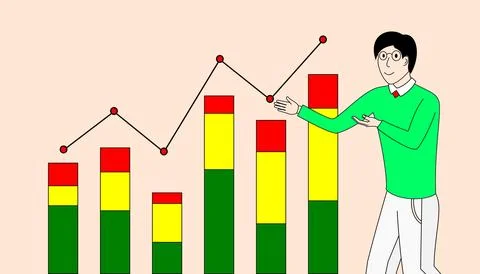 A man is standing in front of a graph with a red line and a yellow line Stock Illustration
