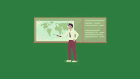 A man standing in front of green screen and blackboard with world map on it Video stock 335130002