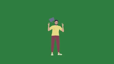 A man standing in front of green screen and yellow shirt is holding book blue Video stock 335130004