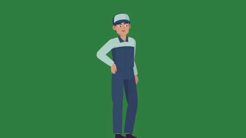 A man standing in front of green screen and blue uniform on overalls stands Stock Footage 336106374