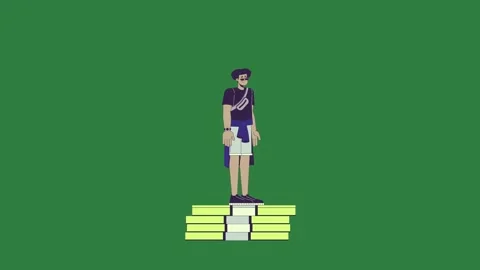 A man standing in front of green screen and on top yellow box bench stack Video stock 337336282