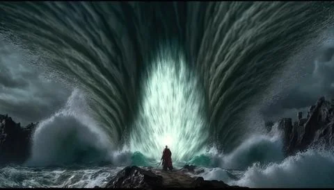 A man standing in front of a huge wave in the ocean with a light at the end.. Illustrazione stock