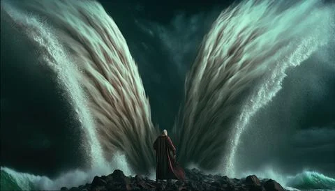 A man standing in front of a huge wave with his arms outstretched in the ai.. Stock Illustration