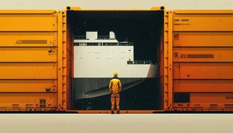 A man standing in front of a large cargo container with a large ship in the.. 스톡 일러스트