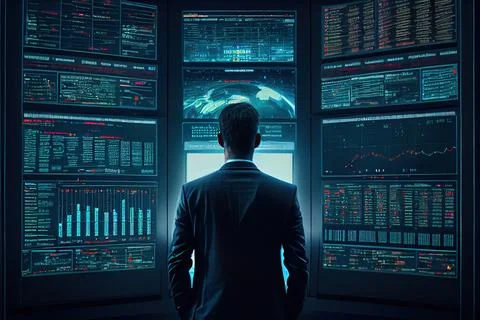 A Man Standing In Front Of A Large Display Of Data In A Dark Room With A Window Stock Illustration