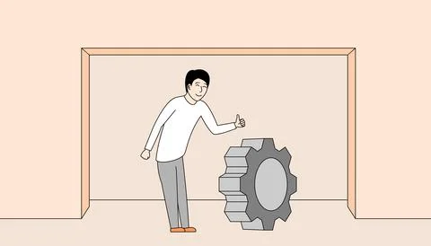 Man is standing in front of a large gear Stock Illustration