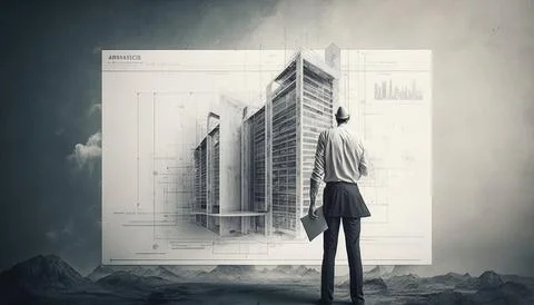A man standing in front of a large poster with a building on it's side arch.. Ilustración de archivo