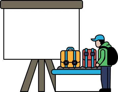 A man is standing in front of a large white board with a backpack on his back Stock Illustration