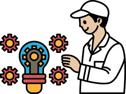 A man is standing in front of a light bulb with a bunch of gears around it Stock Illustration