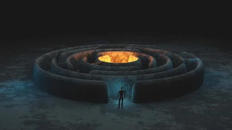 Man standing in front of maze entrence, dark horror place, old building, game Stock Illustration