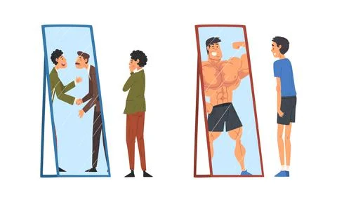 Man Standing in Front of Mirror Looking at His Reflection and Imagine Himself as Stock Illustration