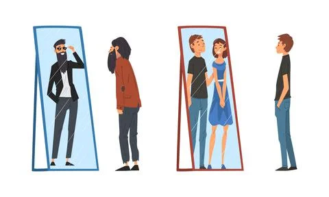 Man Standing in Front of Mirror Looking at His Reflection and Imagine Himself as Stock Illustration