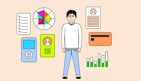 A man is standing in front of a pie chart and a debit card Stock Illustration